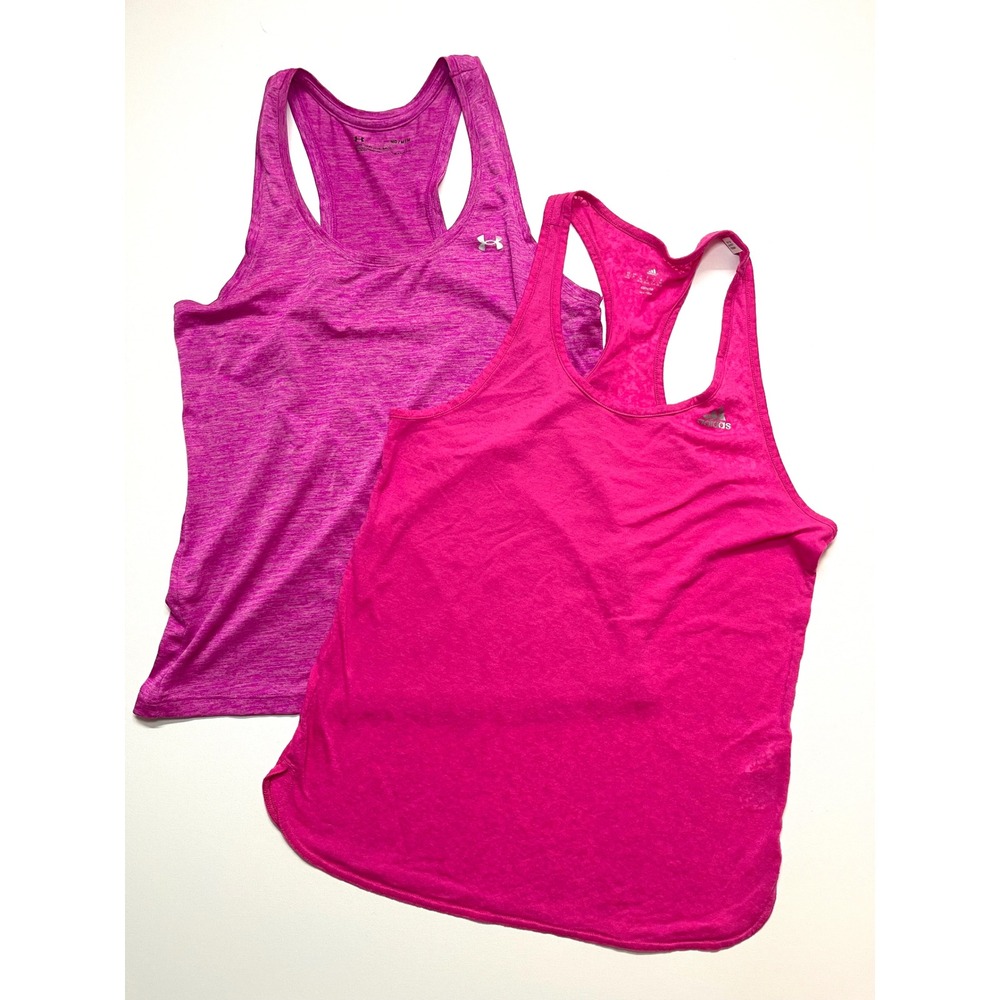 Adidas + Under Armour Pink Racerback Tank Top Bundle Womens Medium Workout Lot 2